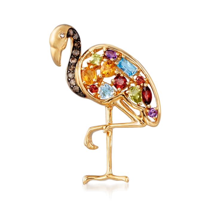1.50 ct. t.w. Multi-Gemstone and .17 ct. t.w. Brown Diamond Flamingo Pin/Pendant in 14kt Yellow Gold with Diamond Accents