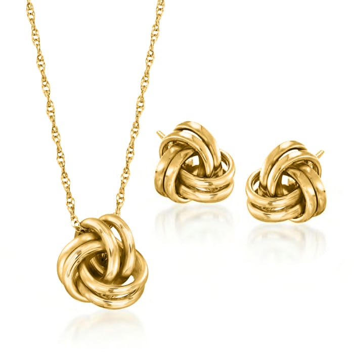 14kt Yellow Gold Love Knot Jewelry Set: Necklace and Earrings