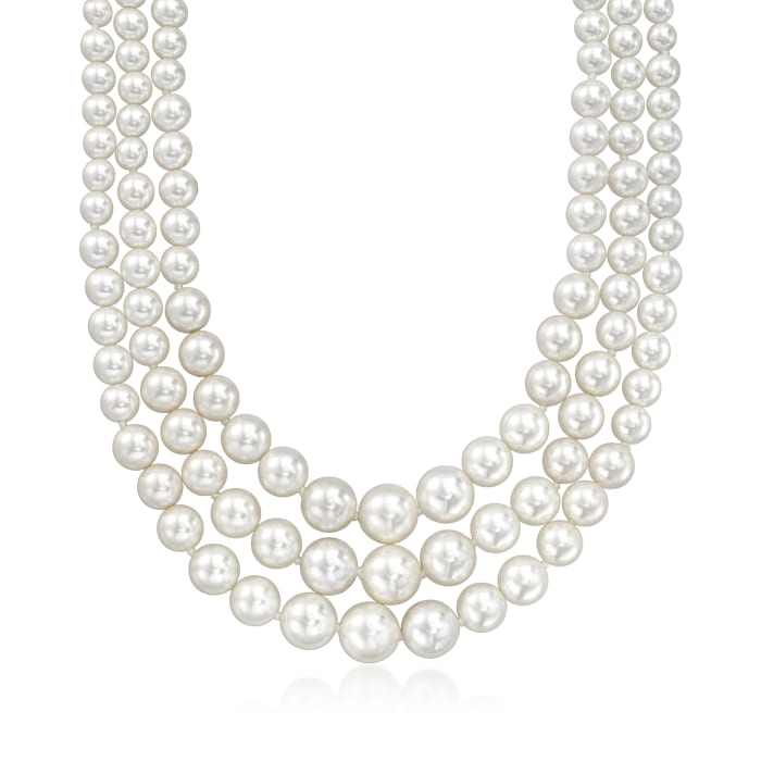 6-12mm Shell Pearl Graduated Three-Strand Necklace with Sterling Silver