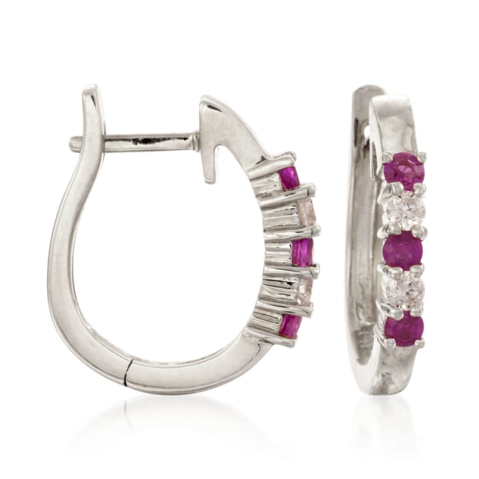 .30 ct. t.w. Ruby and .10 ct. t.w. Diamond Hoop Earrings in 14kt White Gold