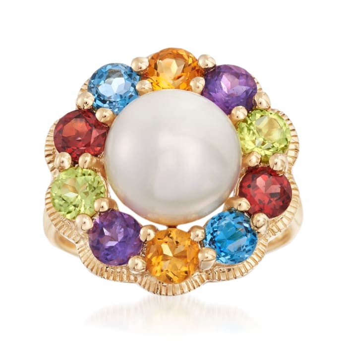 10-10.5mm Cultured Pearl and 2.60 ct. t.w. Multi-Stone Floral Ring in 14kt Yellow Gold