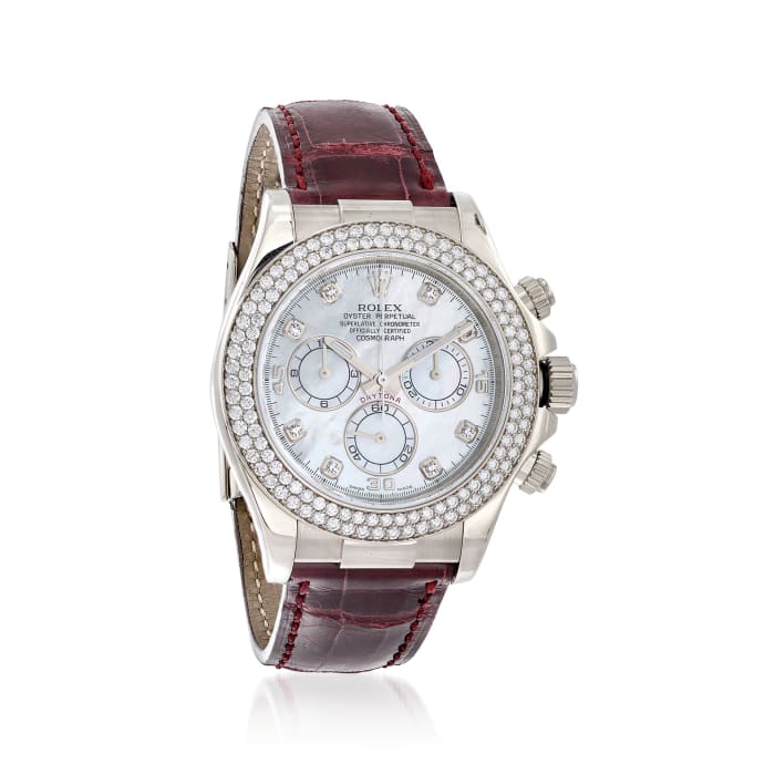 Pre-Owned Rolex Daytona Men's 40mm Diamond 18kt White Gold Watch with Burgundy Leather