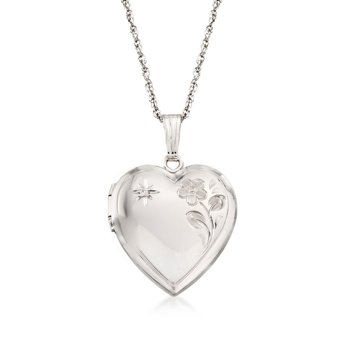 Sterling Silver Floral Heart Locket Necklace with Diamond Accent