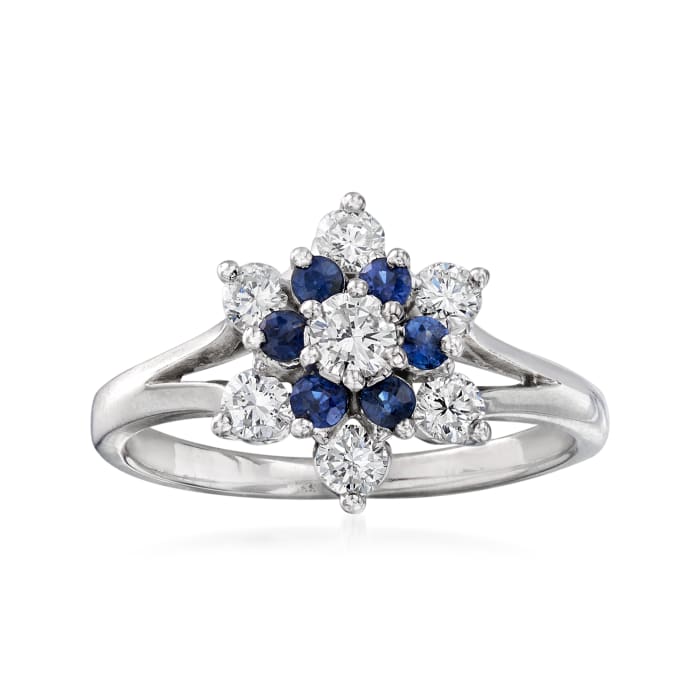 C. 1970 Vintage .50 ct. t.w. Diamond and .25 ct. t.w. Sapphire Flower Ring in 14kt White Gold