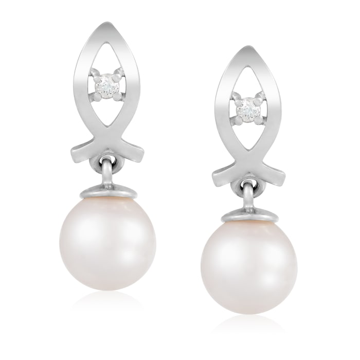 6-7mm Cultured Akoya Pearl and Diamond-Accented Drop Earrings in 14kt White Gold