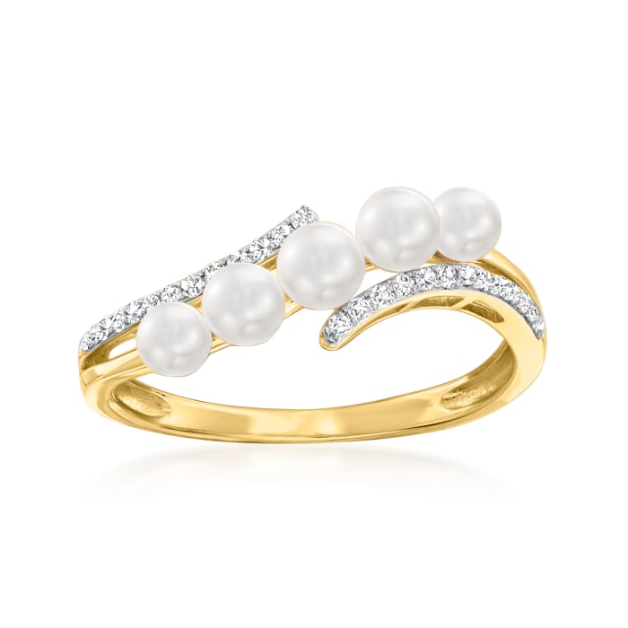 3-4mm Cultured Pearl and .10 ct. t.w. Diamond Wave Ring in 14kt Yellow Gold