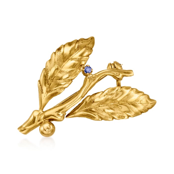 C. 1960 Vintage Ruth Satsky Sapphire-Accented Leaf Pin in 18kt Yellow Gold