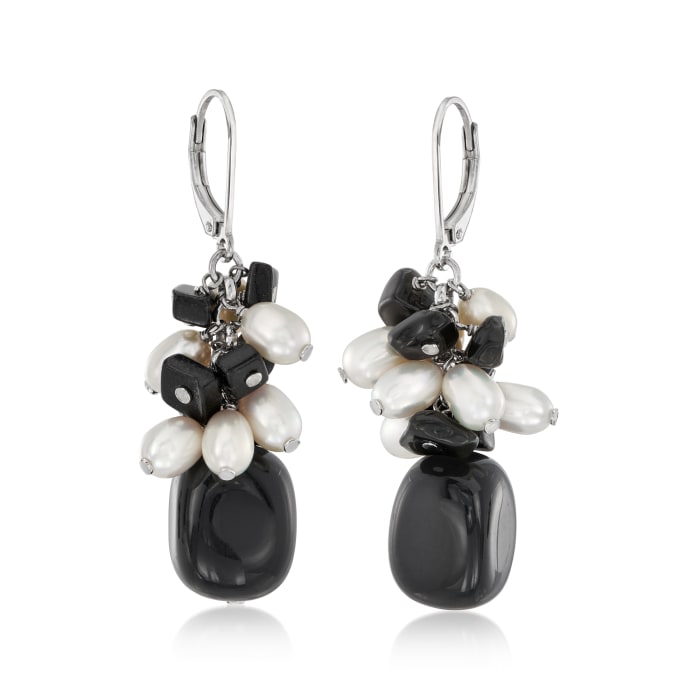Onyx Bead and 4.5-5mm Cultured Pearl Cluster Drop Earrings in Sterling Silver