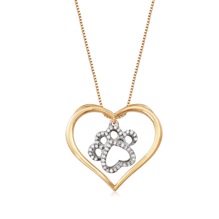 .15 ct. t.w. Diamond Paw Print and Heart Necklace in Sterling Silver and 18kt Gold Over Sterling