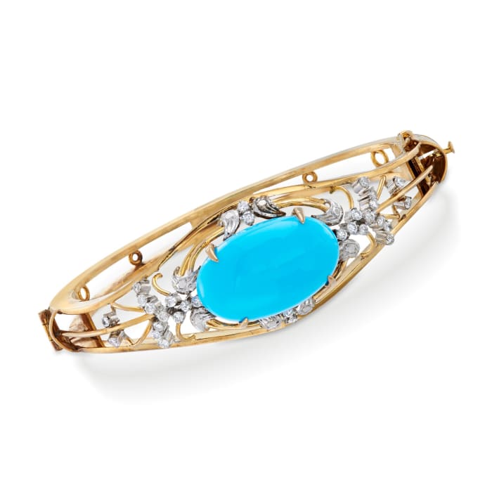 C. 1950 Vintage Turquoise and .70 ct. t.w. Diamond Bangle Bracelet in 10kt Yellow Gold