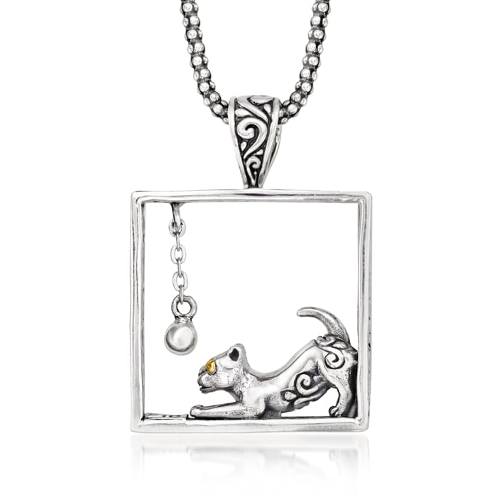 Sterling Silver Bali-Style Cat Pendant Necklace with 18kt Yellow Gold 18-inch
