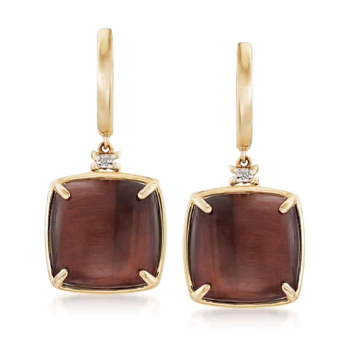 Tiger Eye Drop Earrings with Diamond Accents in 14kt Yellow Gold