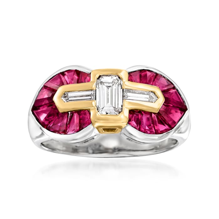 C. 1980 Vintage 1.96 ct. t.w. Ruby and .50 ct. t.w. Diamond Ring in Platinum and 18kt Yellow Gold