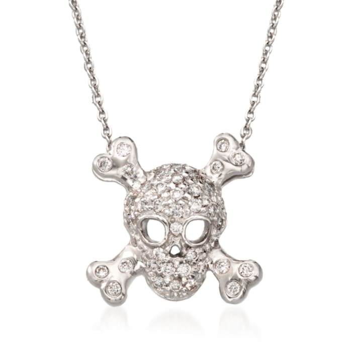 Roberto Coin &quot;Tiny Treasures&quot; .20 ct. t.w. Pave Diamond Skull and Crossbone Pendant Necklace in 18kt White Gold