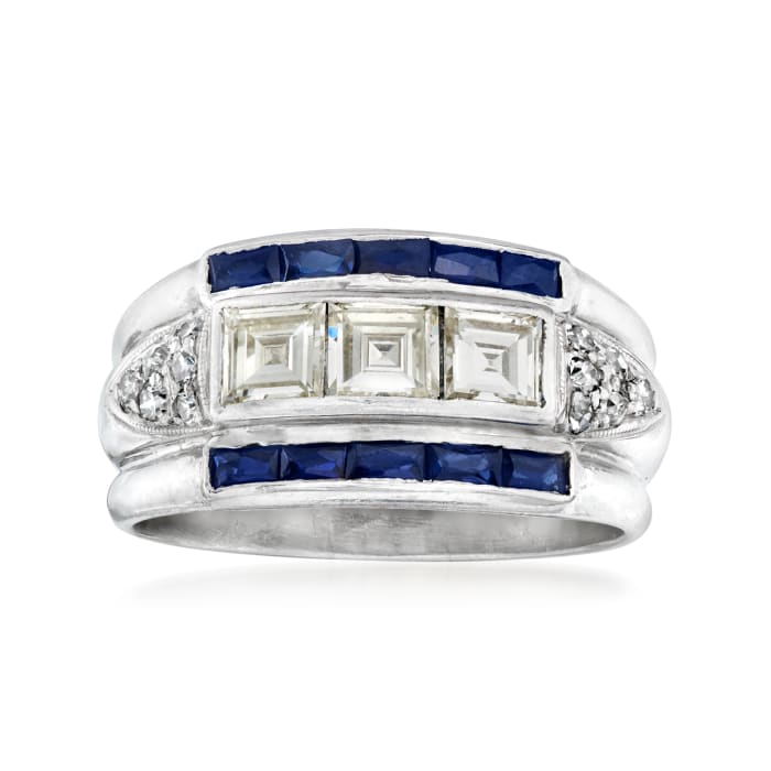 C. 1960 Vintage .90 ct. t.w. Square and Round Diamond and .50 ct. t.w. Synthetic Sapphire Ring in Platinum