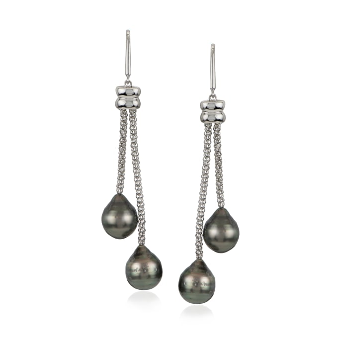 8-9mm Black Cultured Tahitian Drop Earrings in Sterling Silver