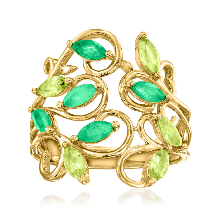 .60 ct. t.w. Peridot and .50 ct. t.w. Emerald Vine Ring in 14kt Yellow ...