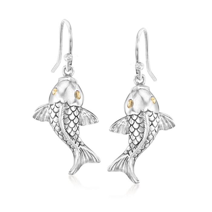 Sterling Silver Bali-Style Koi Fish Drop Earrings with 18kt Yellow Gold