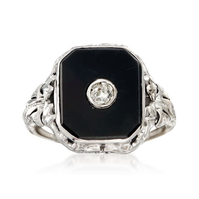 C. 1930 Vintage Black Onyx and .10 ct. t.w. Diamond Ring in 14kt Gold and Platinum