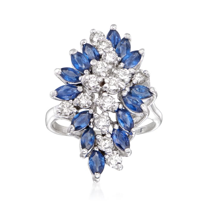 C. 1970 Vintage 2.10 ct. t.w. Sapphire and 1.00 ct. t.w. Diamond Cluster Ring in 14kt White Gold