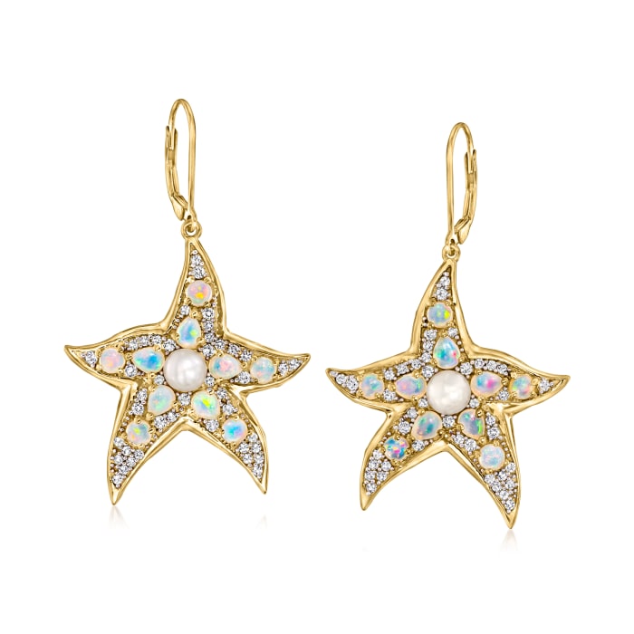 Opal and 5-5.5mm Cultured Pearl Starfish Drop Earrings with 1.20 ct. t.w. White Topaz in 18kt Gold Over Sterling