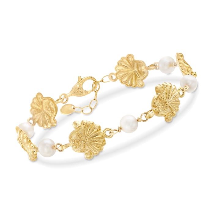 Italian Seashell and Cultured Pearl Bracelet in 18kt Yellow Gold Over Sterling