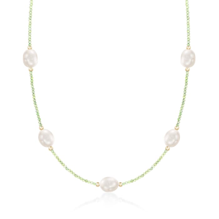 10-10.5mm Cultured Pearl and 12.00 ct. t.w. Peridot Bead Station Necklace with 14kt Gold