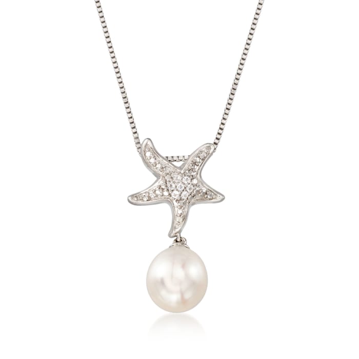 8-9mm Cultured Pearl and Sterling Silver Starfish Pendant Necklace with White Topaz Accents