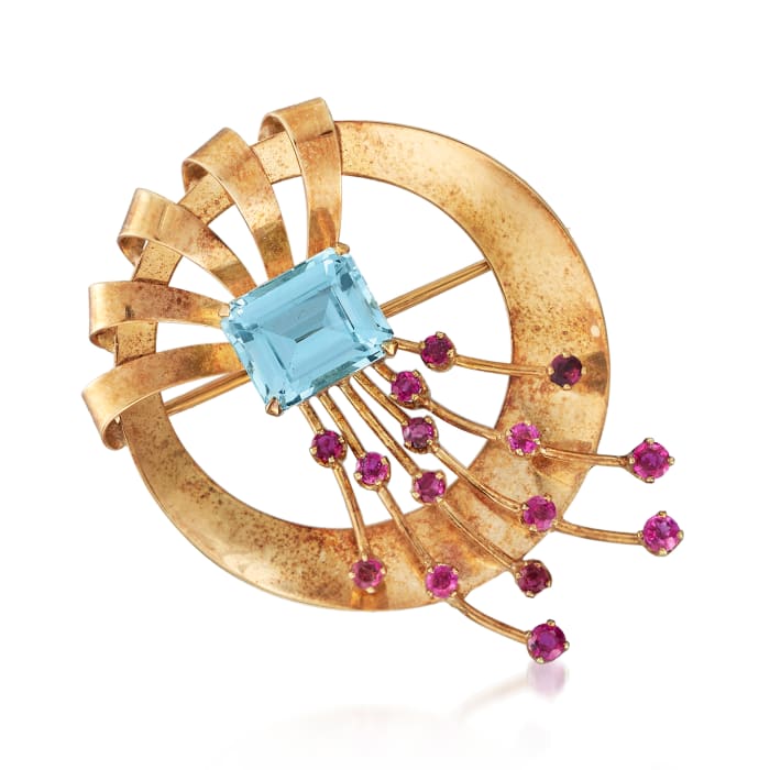 C. 1940 Vintage Tiffany Jewelry 5.80 Carat Aquamarine and 1.80 ct. t.w. Ruby Circle Pin in 14kt Yellow Gold