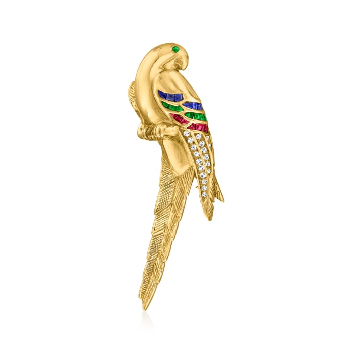 C. 1980 Vintage .70 ct. t.w. Multi-Gemstone and .25 ct. t.w. Diamond Parrot Pin in 18kt Yellow Gold