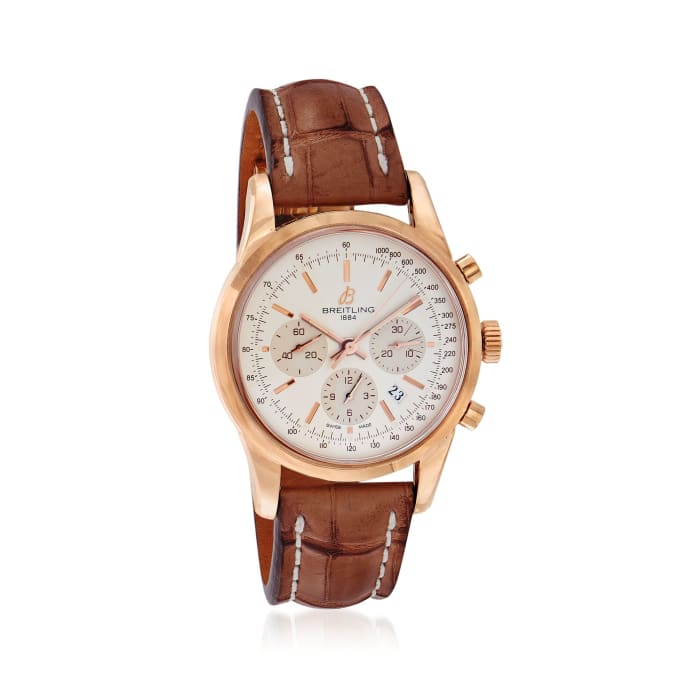 Breitling Transocean Men's 43mm Auto Chronograph 18kt Rose Gold Watch With Brown Crocodile