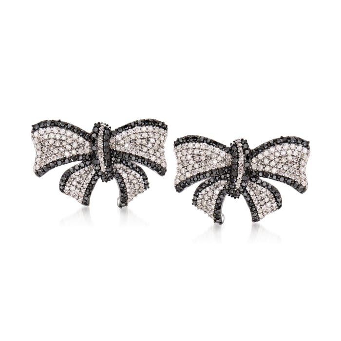 1.00 ct. t.w. Black and White Diamond Bow Earrings in 14kt White Gold