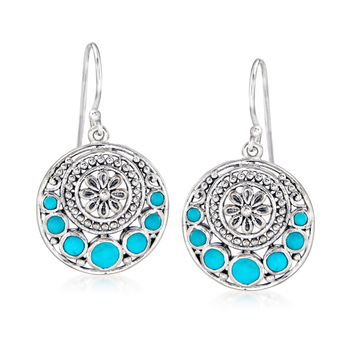 Turquoise Flower Circle Drop Earrings in Sterling Silver