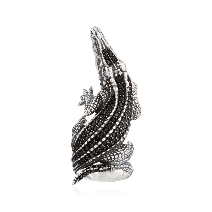 1.40 ct. t.w. Black Spinel Alligator Ring in Sterling Silver with Pink CZ Accents