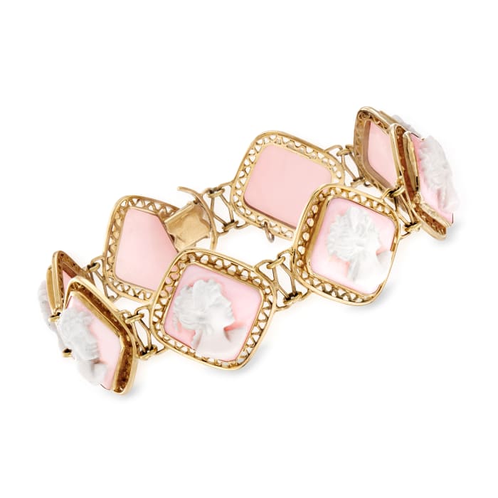 C. 1970 Vintage Pink Agate Cameo Bracelet in 18kt Yellow Gold