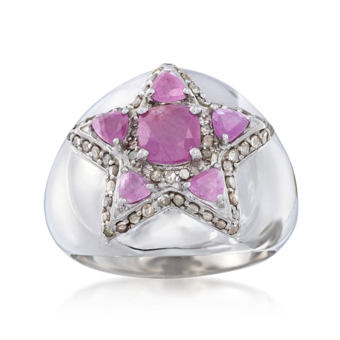 1.60 ct. t.w. Pink Sapphire and .37 ct. t.w. Champagne Diamond Star Ring in Sterling Silver