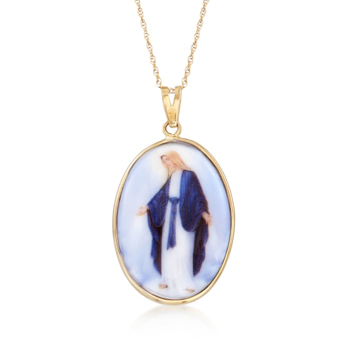 Enameled Porcelain Blessed Mary Pendant Necklace in 14kt Yellow Gold