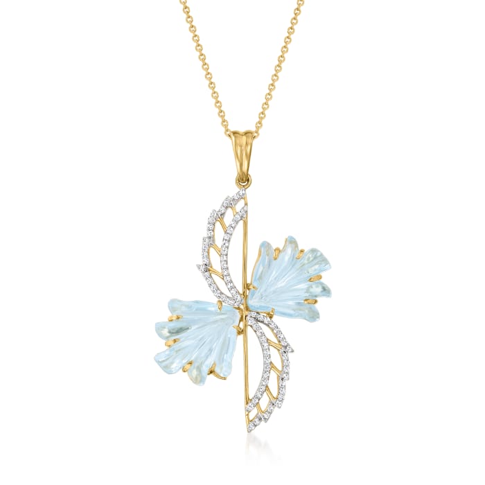 C. 1990 Vintage 12.60 ct. t.w. Sky Blue Topaz and .35 ct. t.w. Diamond Wing Pendant Necklace in 14kt Yellow Gold