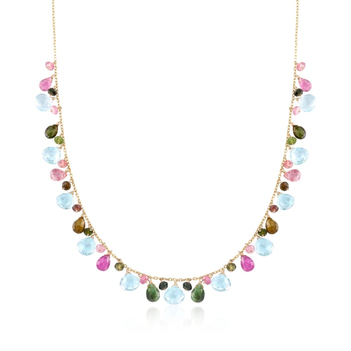 16.25 ct. t.w. Multicolored Tourmaline and 18.00 ct. t.w. Blue Topaz Bead Necklace in 14kt Yellow Gold