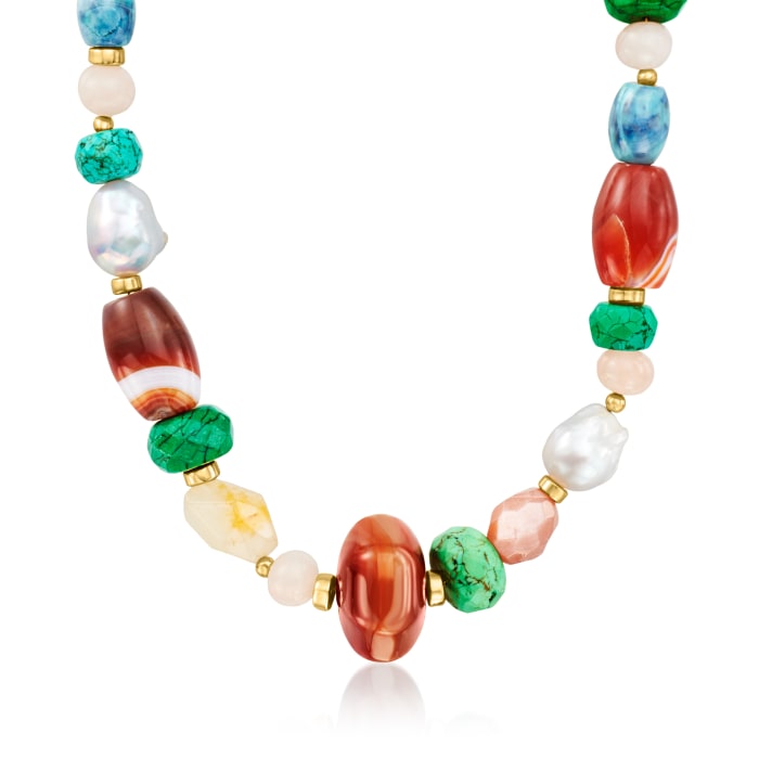 13-15mm Cultured Baroque Pearl and Multi-Gemstone Bead Necklace with 18kt Gold Over Sterling