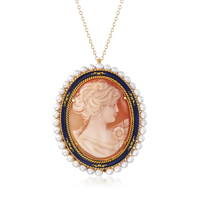 C. 1960 Vintage Oval Cameo with Pearls Necklace in 18kt Yellow Gold