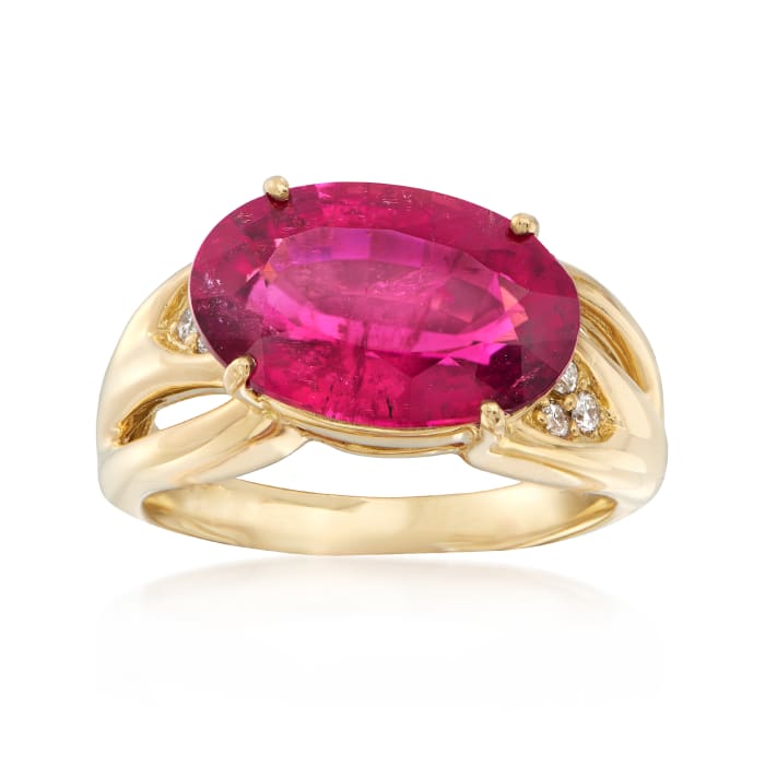 C. 1990 Vintage 5.80 Carat Pink Tourmaline Horizontal Ring with Diamond Accents in 18kt Yellow Gold