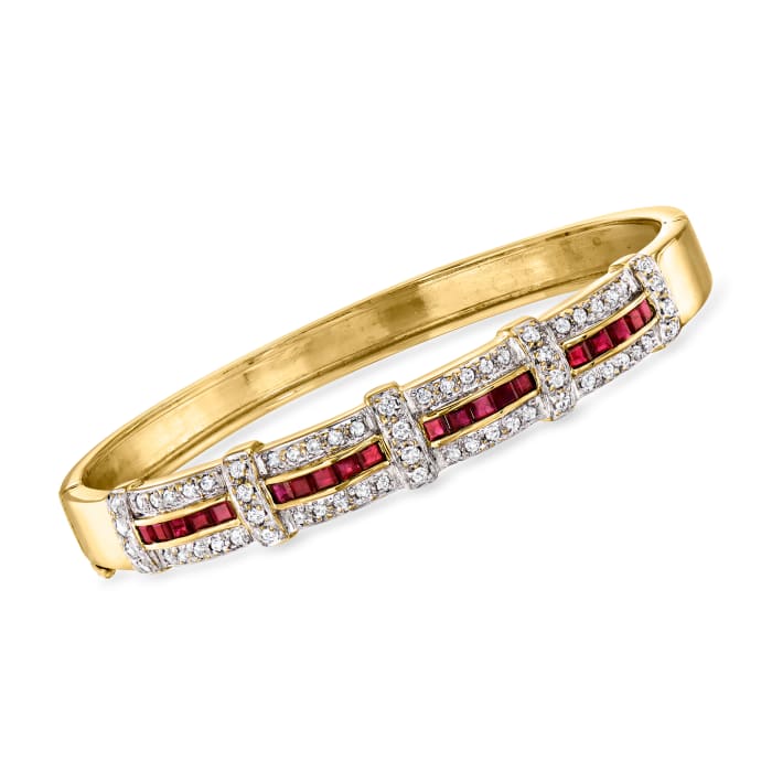 C. 1990 Vintage 2.00 ct. t.w. Ruby and 1.20 ct. t.w. Diamond Scalloped Bangle Bracelet in 14kt Yellow Gold