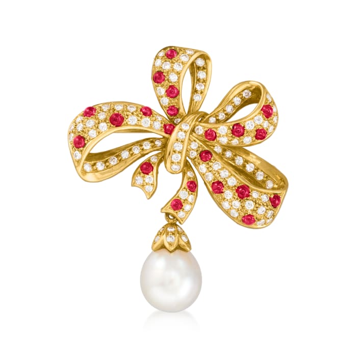 C. 1980 Vintage 12x10mm Cultured Pearl, 1.50 ct. t.w. Diamond and 1.05 ct. t.w. Ruby Bow Pin in 18kt Yellow Gold