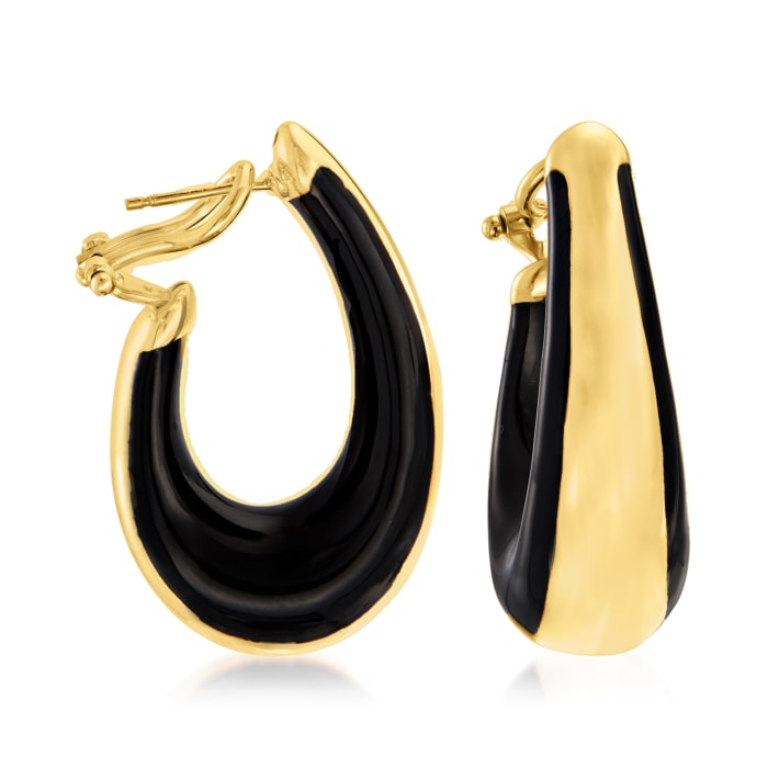 Italian 18kt Gold Over Sterling Hoop Earrings with Black Enamel