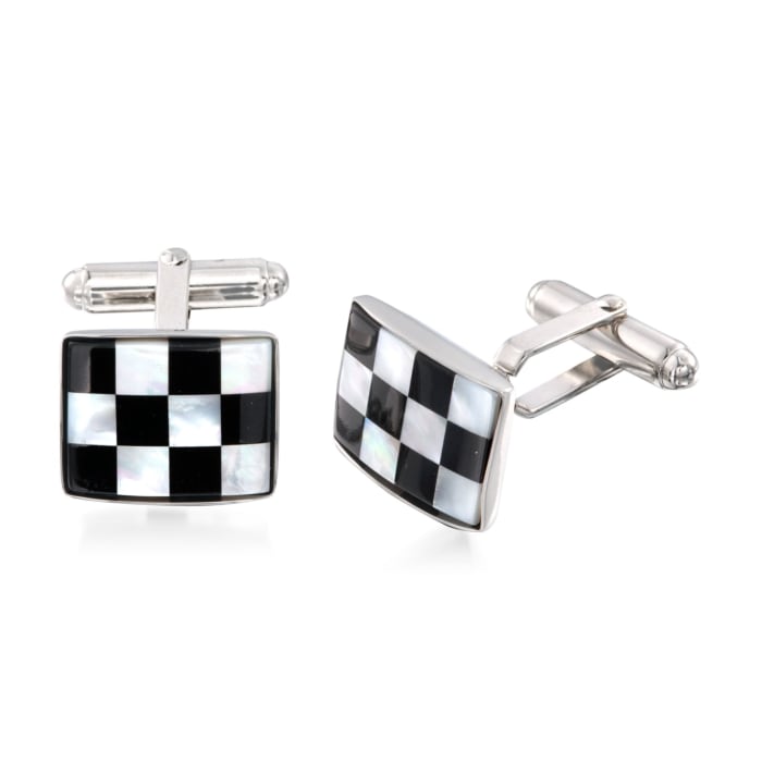 Rectangular Black and White Mother-Of-Pearl Checkerboard Cuff Links in Sterling Silver