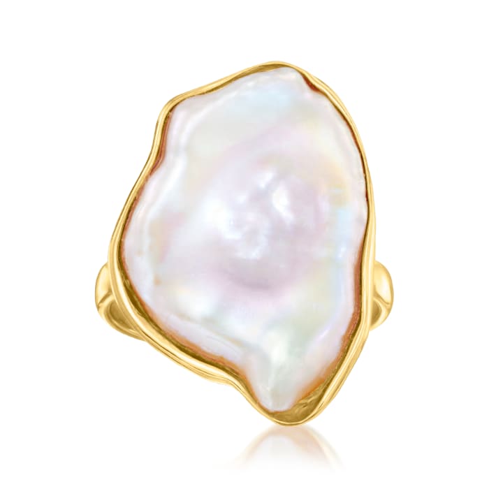 20x16mm Cultured Keshi Pearl Ring in 18kt Gold Over Sterling