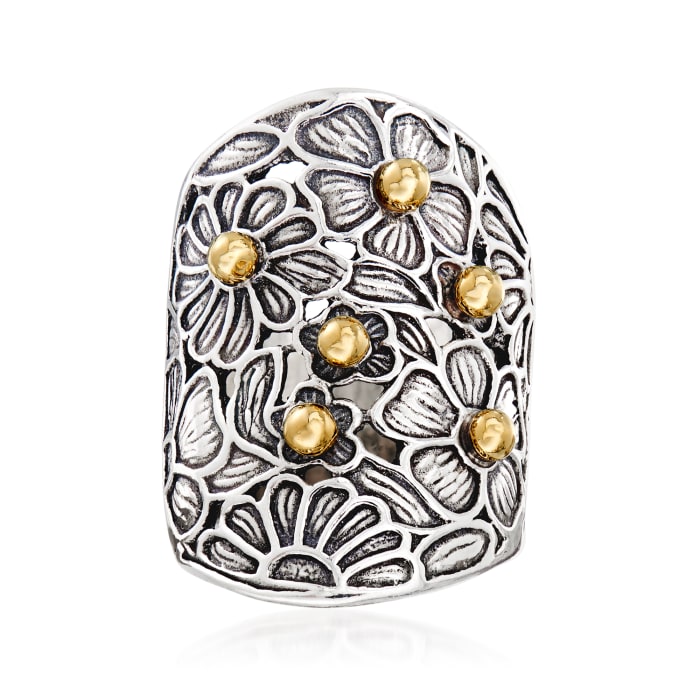 Sterling Silver and 14kt Yellow Gold Floral Ring