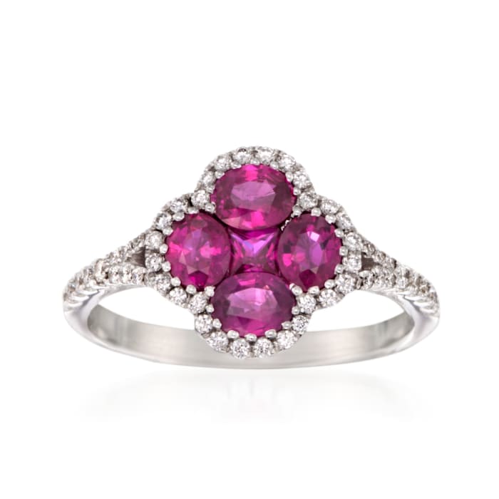 Gregg Ruth 1.34 ct. t.w. Ruby and .29 ct. t.w. Diamond Clover Ring in 18kt White Gold