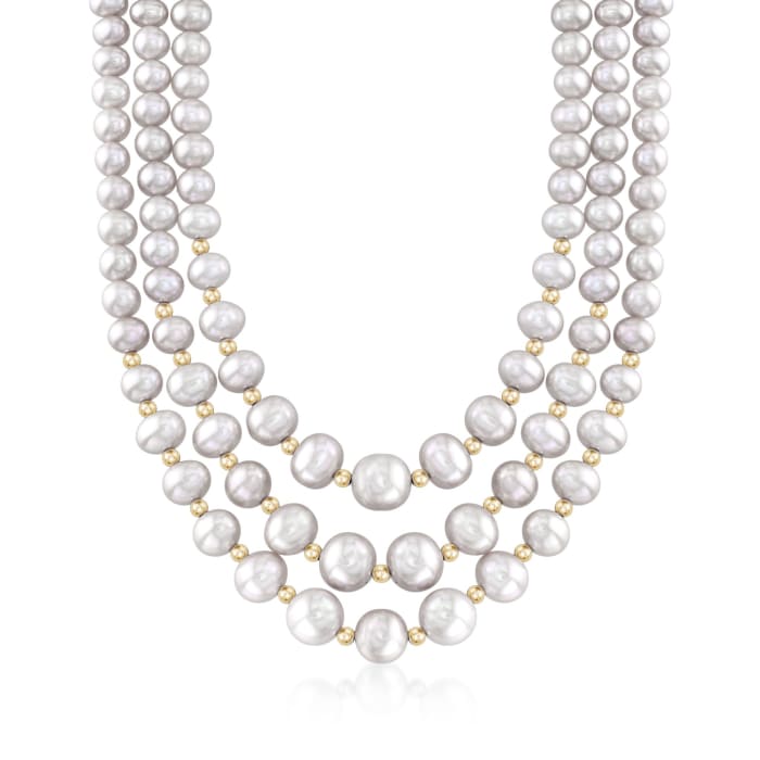 4-9mm Gray Cultured Pearl Three-Strand Necklace with 14kt Yellow Gold